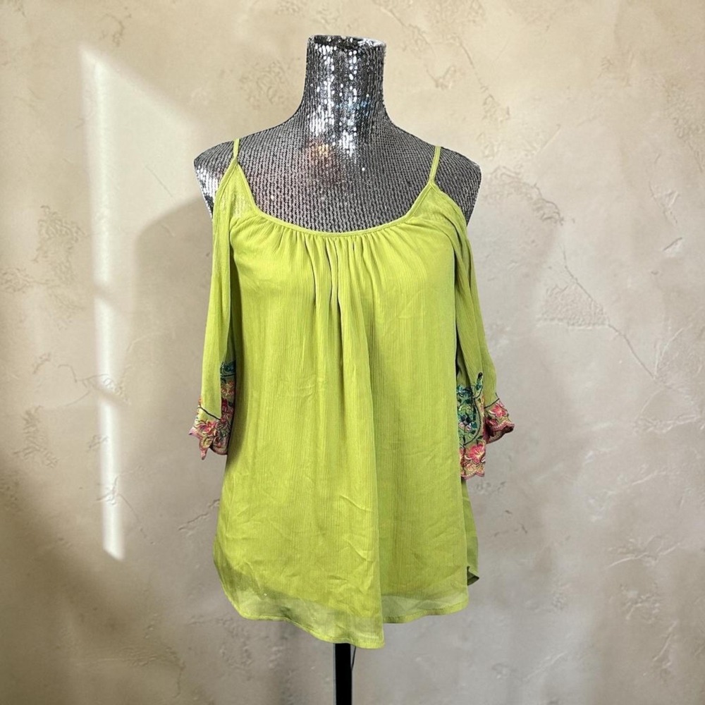 Boho Embroidered Tunic Top Green Floral Peasant Crinkle Scoop Neck Festival XS